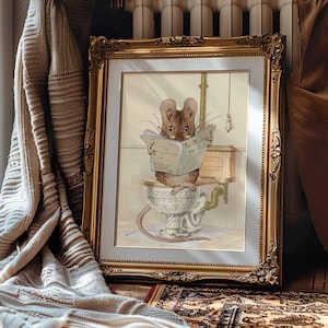 Stampa artistica "Topo che legge in bagno", decorazione da parete per bagno, bagno per gli ospiti, arte modificata, arte stampabile, poster in stile vintage, cartello per bagno