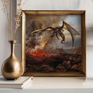 Stampa artistica alterata di Dragon Square, Vesuvio in eruzione di J. C. Dahl 1821, Dipinti trasformati in arte pop, Divertente dipinto alterato