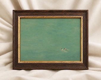 Green Abstract Swimming Art, Two Tiny Swimmers Painting, Modern Wall Art Print Decor