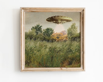 UFO Vintage Landscape Art Print, Cottagecore Alien Painting, Eclectic Surreal Wall Decor Poster