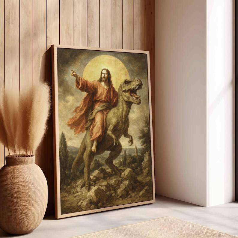 Jesus Riding Dinosaur Print: Surreal Whimsical Religious Wall Art ...