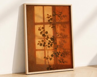 Terracotta Botanical Shadow Print, Minimalist Plant Wall Art, Blurred Nature Poster, Modern Sunlight Decor