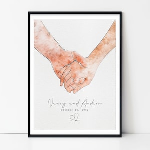 Gepersonaliseerde trouwprint | Aangepast huwelijkscadeau | Cadeau voor koppels | Jubileumcadeau | Gefeliciteerd | Hand in hand | Aquareltekening
