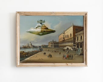 Arte de brechó alterada, impressão de pintura de Veneza, decoração de parede vintage engraçada