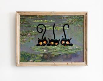 Water Lily Cat Art Print, Impressionist Style Painting, Funny Black Cats Pond Wall Decor