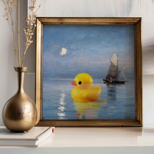 Quadro quadrato con anatra di gomma divertente, arte famosa alterata, arte alterata, arte murale massimalista, stampa artistica eclettica, arte astratta, arredamento d'arte alla moda