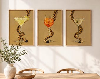 Set of 3 Prints - Leopard & Cocktail Wall Art, Quirky Kitchen Posters, Bar Cart Decor Bundle