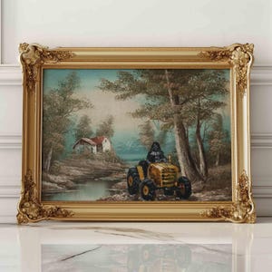 Famoso cattivo alla guida di un trattore, arte di riciclo creativo da negozio dell'usato, poster stampato di un dipinto a olio vintage, arte alterata divertente, stampa artistica da parete