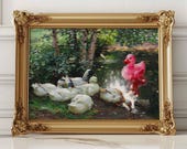 Vintage Geese Altered Art Print with Pink Rubber Duck, Nursery Wall Decor