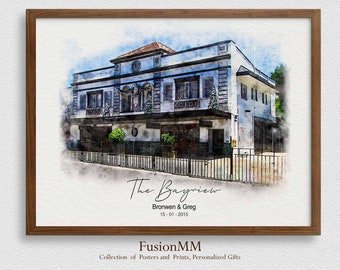 Our First Date Venue Portrait, Custom Watercolor Couple Drawing, Personalized Anniversary Keepsake
