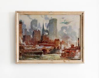 UFO Over New York Art Print, Funny Altered Impressionist Cityscape Poster Decor