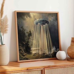 Ufo Art Square, Altered Vintage Landscape Print, Alien Abduction, Spaceship, Funny Altered Coastal, Aliens in landscape, Ufo Alien Art Print