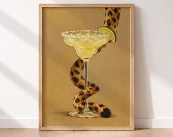 Wall Art Margarita and Leopard Print: Conversation Piece Artwork, Drink Funny Poster, Gift for Housewarming, Cocktail Cart Decor