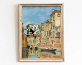 Funny Sponge Cartoon Venice Art Print, Parody Canal Painting, Quirky Wall Decor Poster Gift