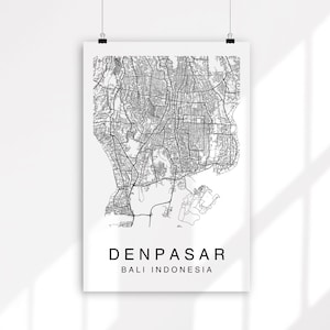 May include: A black and white map of Denpasar, Bali, Indonesia. The map shows the city's streets and roads.