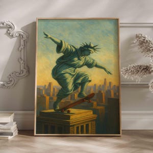 Statua della Libertà con skateboard, stampa divertente della cultura pop urbana, poster vintage alterato surreale, arte murale in stile street di New York