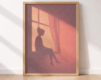 Moody Woman Wall Art, Pink Sunset Print, Minimalist Bedroom Decor, Modern Abstract Artwork