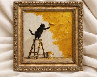 Black Cat Painting Square Wall Art, Gold Background Print, Whimsical Animal Artwork, Home Decor
