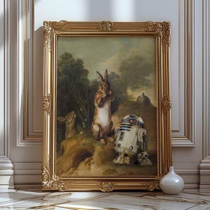 Arte alterata divertente, dipinto di coniglio vintage, stampa di coniglietti antichi, decorazioni pasquali per la casa, opere d'arte rustiche, belle arti di conigli, collage di poster di film