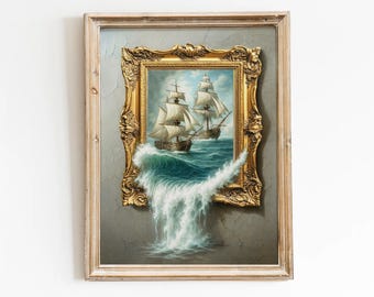Surreal Ocean Ship Painting: 3D Frame Illusion, Nautical Wall Art