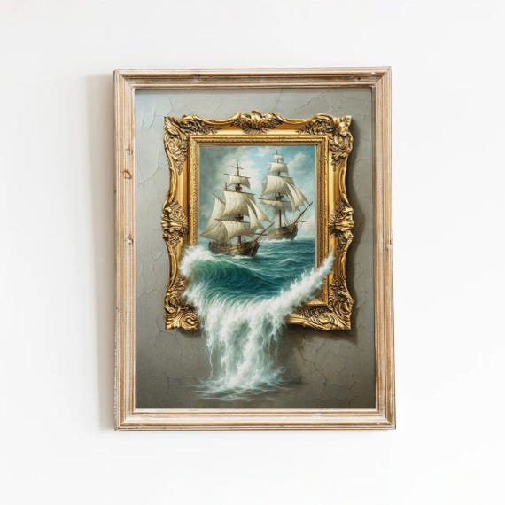 【額縁付】船　絵画 シュールな海の船の絵画：3Dフレームの錯覚、航海の壁アート - Etsy 日本