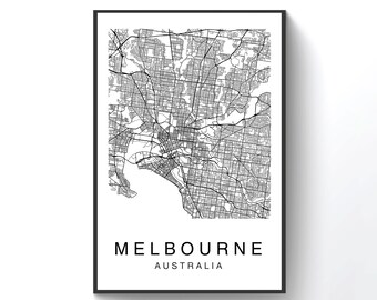 Puede incluir: Mapa de Melbourne, Australia, en blanco y negro. El mapa muestra las calles y las vías fluviales de la ciudad. El texto "MELBOURNE" y "AUSTRALIA" está impreso debajo del mapa.