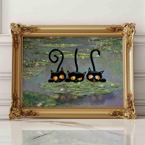Impression d&#39;art drôle de chats noirs : peinture modifiée de nénuphars de Monet (affiche de décoration intérieure)