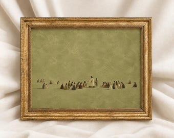 Jesus Feeds The 5000 Wall Art, Abstract Religious Bible Decor, Green Minimalist Prints