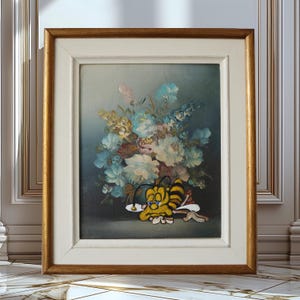 Funny Bee Wall Art, Thrift Store Upcycle Art, Framed Vintage Oil Painting on Canvas - Original, Funny Altered Art, Ready to Hang, Gold Frame
