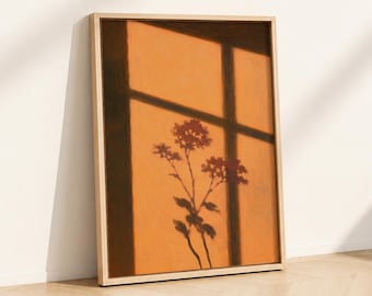 Warm Botanical Shadow Wall Art Print, Minimalist Window Flower Silhouette Painting, Modern Nature Poster