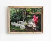 Geese Altered Art Print with Pink Rubber Duck, Vintage Nursery Wall Decor