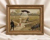 Vintage UFO Wall Art, Funny Alien Abduction Print, Victorian Landscape Sport, Surreal Baseball Decor