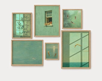 Abstract Swimmers Art Print: Minimalist Modern Green Decor, Horizontal and Vertical Wall Art Posters