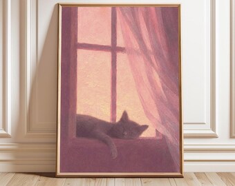Pink Abstract Cat Art Print, Soft Window Light Painting, Minimalist Modern Wall Decor Poster