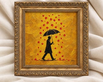 Abstract Golden Rain Wall Art, Yellow Umbrella Painting, Red Flower Decor, Modern Art Print