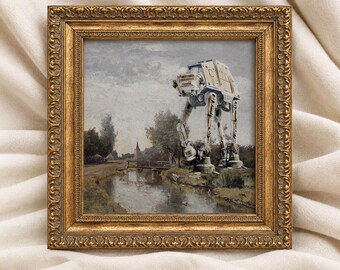 May include: A square framed print featuring a landscape painting of a river and trees with a large, grey, four-legged mechanical walker standing on the bank. The frame is ornate, metallic gold with a textured, embossed border design.