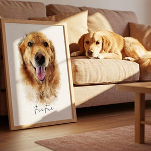 May include: A rectangular wooden frame containing a portrait of a golden-colored dog with its tongue out. Below the dog's head, the word FurFur is written in black cursive script. The portrait is set against a white background with a textured finish.