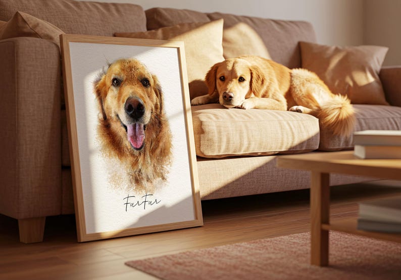 May include: A rectangular wooden frame containing a portrait of a golden-colored dog with its tongue out. Below the dog's head, the word FurFur is written in black cursive script. The portrait is set against a white background with a textured finish.