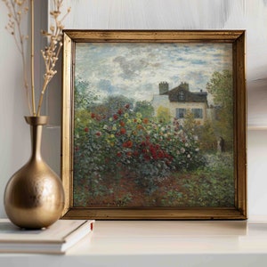 Pintura al óleo de estilo rural, arte mural cuadrado de jardín de rosas, impresión vintage de verano, Claude Monet, paisaje impresionista, impreso y enviado, 02