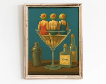 Vintage Dirty Martini Print, Retro Cocktail Wall Art for Home Bar and Kitchen Decor