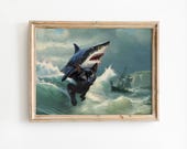 Shark vs Cat Renaissance Meme Art Print, Funny Altered Wall Art, Quirky Home Decor