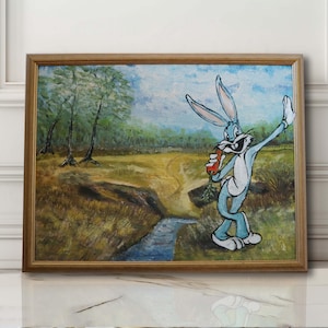 Bunny Modified Thrift Store Art, Original Upcycle Art, Funny Altered Art, Framed Vintage Oil Painting Canvas, Available Frame Ready to Hang