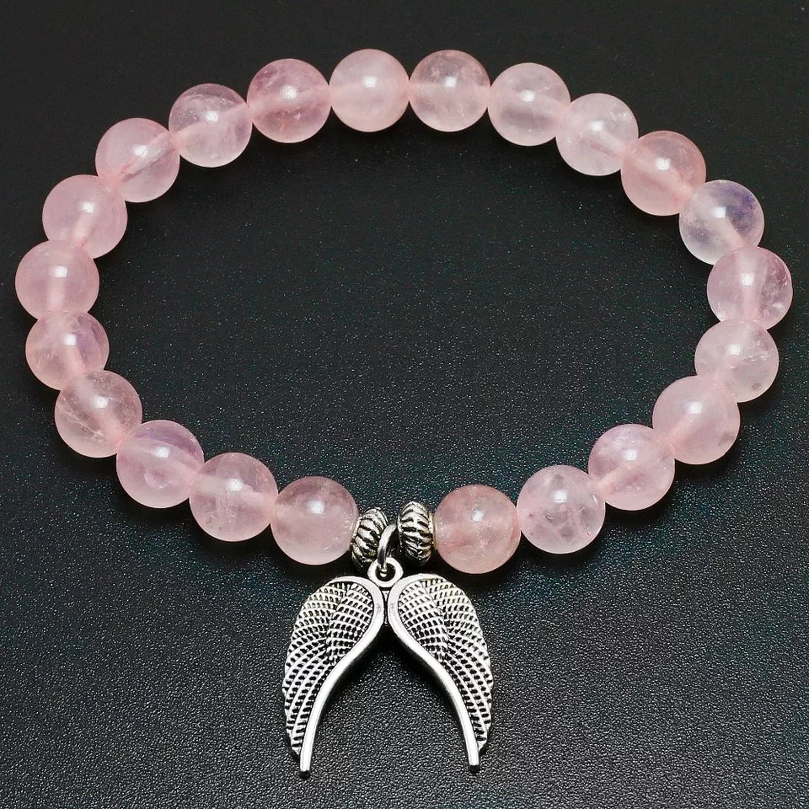 Natural Pink Quartz bracelet with Angle Wings AAA Quality 8MM Etsy