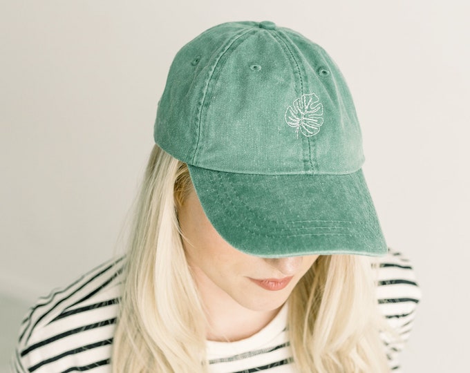 Minimalist Monstera Leaf Embroidered Pigment-Dyed Baseball Cap - ADULT SIZING
