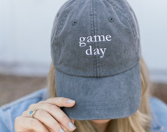 Game Day Embroidered Pigment-Dyed Baseball Cap (Garamond Font) - Adult Unisex Sizing