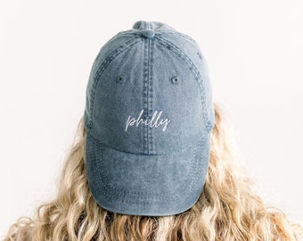 Philly (PA) Embroidered Pigment-Dyed Baseball Cap (MoonTime Font) - Adult Unisex & Kids Sizing