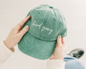 Bird Gang Embroidered Pigment-Dyed Baseball Cap (MoonTime Font) - Adult Unisex & Kids Sizing