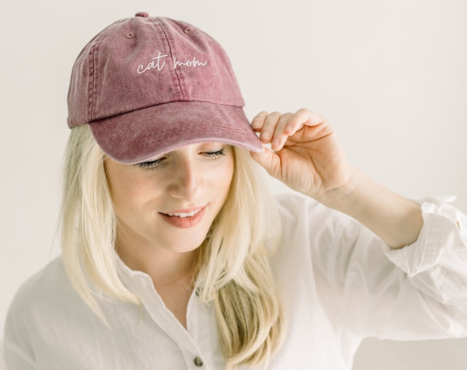 Cat Mom Embroidered Pigment-Dyed Baseball Cap (MoonTime Font) - ADULT SIZING