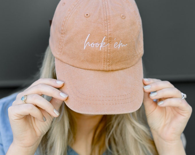 Hook ‘Em Embroidered Pigment-Dyed Baseball Cap (MoonTime Font) - ADULT SIZING