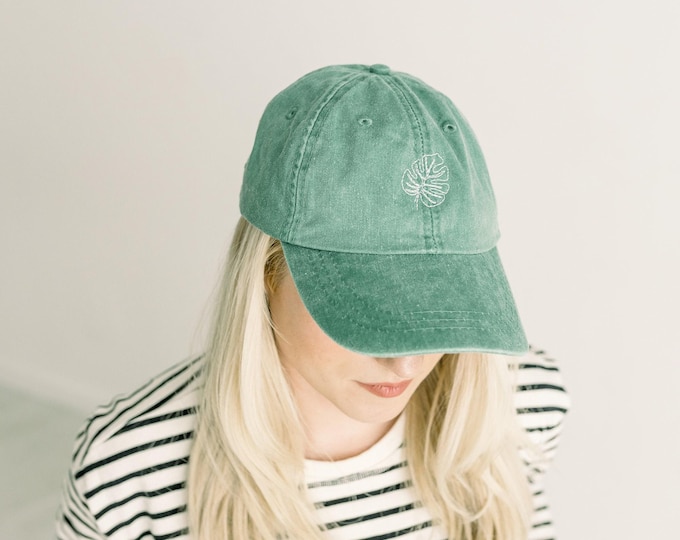 Minimalist Monstera Leaf Embroidered Pigment-Dyed Baseball Cap